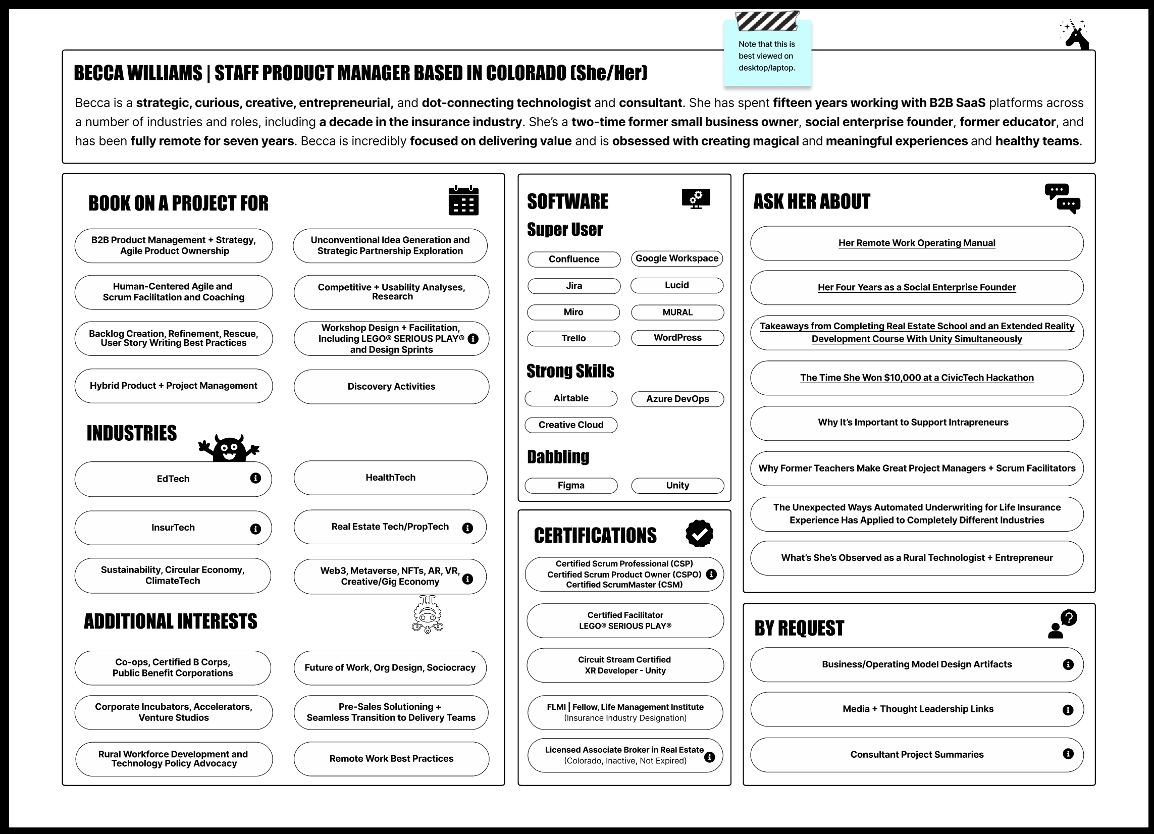 Screenshot of a Lean Canvas inspired "consultant canvas" to highlight Becca Williams' skills and interests