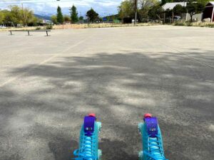 Aqua colored VNLA Parfait quad roller skates with pink stoppers and purple sparkly toe guards