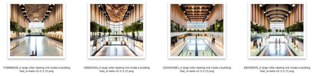 four square thumbnails of roller skating rinks of the future with tall wooden ceilings, wooden walls with lots of greenery, generated by Stable Diffusion